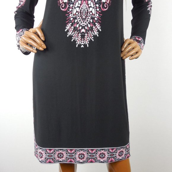 INC Cocktail Dress 8/M NWT $79 Black/Red/Pink Print Stretch Lined Long Sleeves - Picture 4 of 12